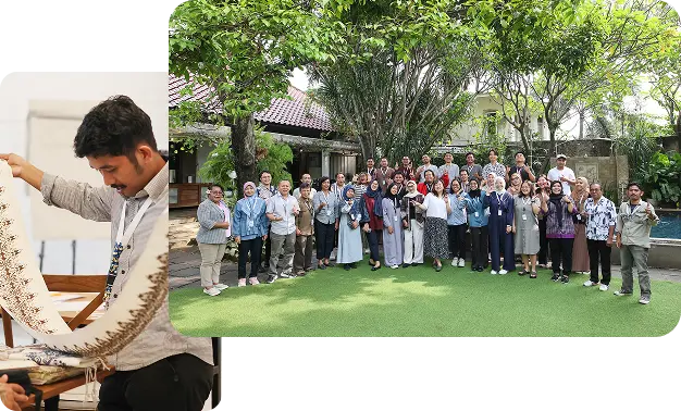 Kolaborasi musik tradisional dan gathering komunitas - seorang musisi memainkan alat musik tradisional dan foto grup peserta acara di halaman hijau